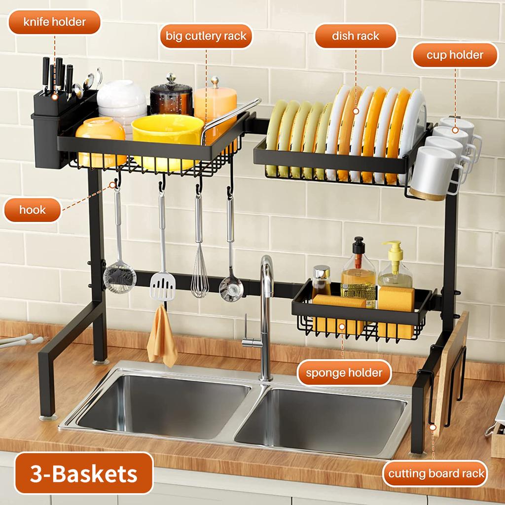 Kitchen Sink Rack, Dish Drying Rack, Adjustable Width Multi-Functional Large-Capacity Kitchen Organizer
