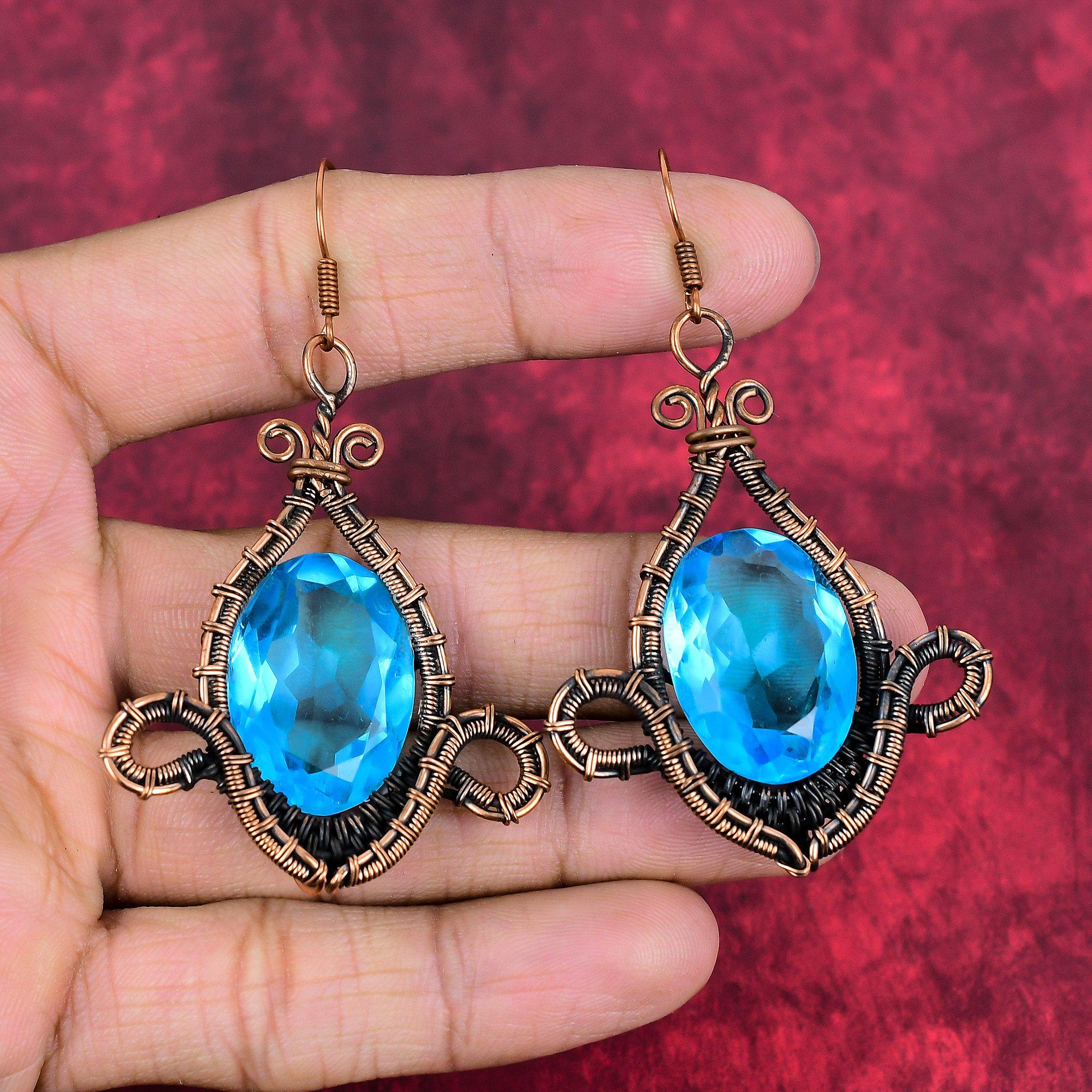 Faceted swiss blue topaz earring copper wire wrapped earring handmade copper jewelry gemstone earrings gifts for mother wire wrapped jewelry
