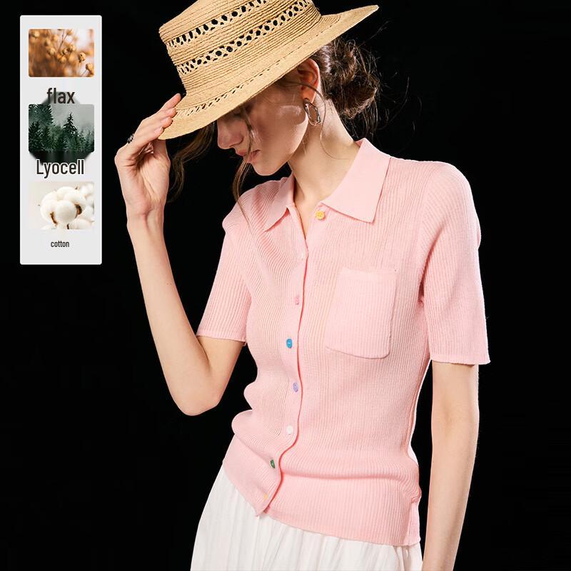 French Chic Tencel Linen Knit Short Sleeve T-Shirt M