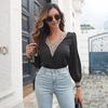 Chiffon Blouse Lace Tops Elegant Chic Women's Solid Color Long Sleeve V Neck Autumn Winter S-XL