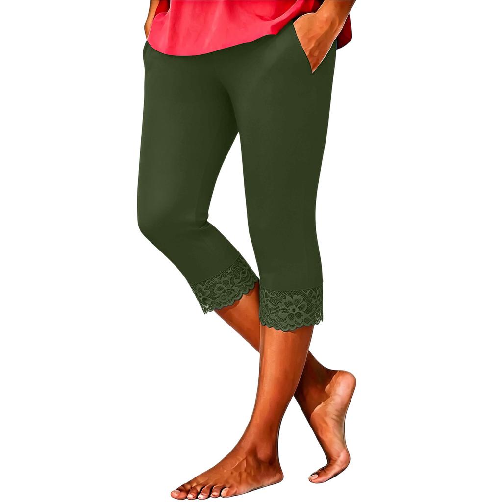 Damen Mode Einfarbig Elastische Taille Caprihose Schmal Geschnitten Spitze Besatz Leggings Freizeit Sporthose