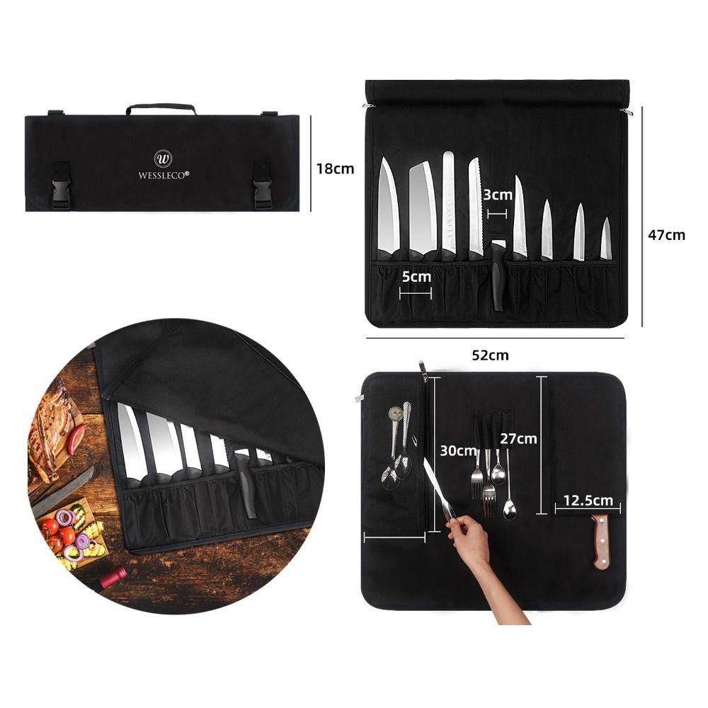 Oxford Material Chef Knife Roll Bag with Shoulder Strap Carry Handle Knife Storage Bag Large Capacity Double Folded Design
