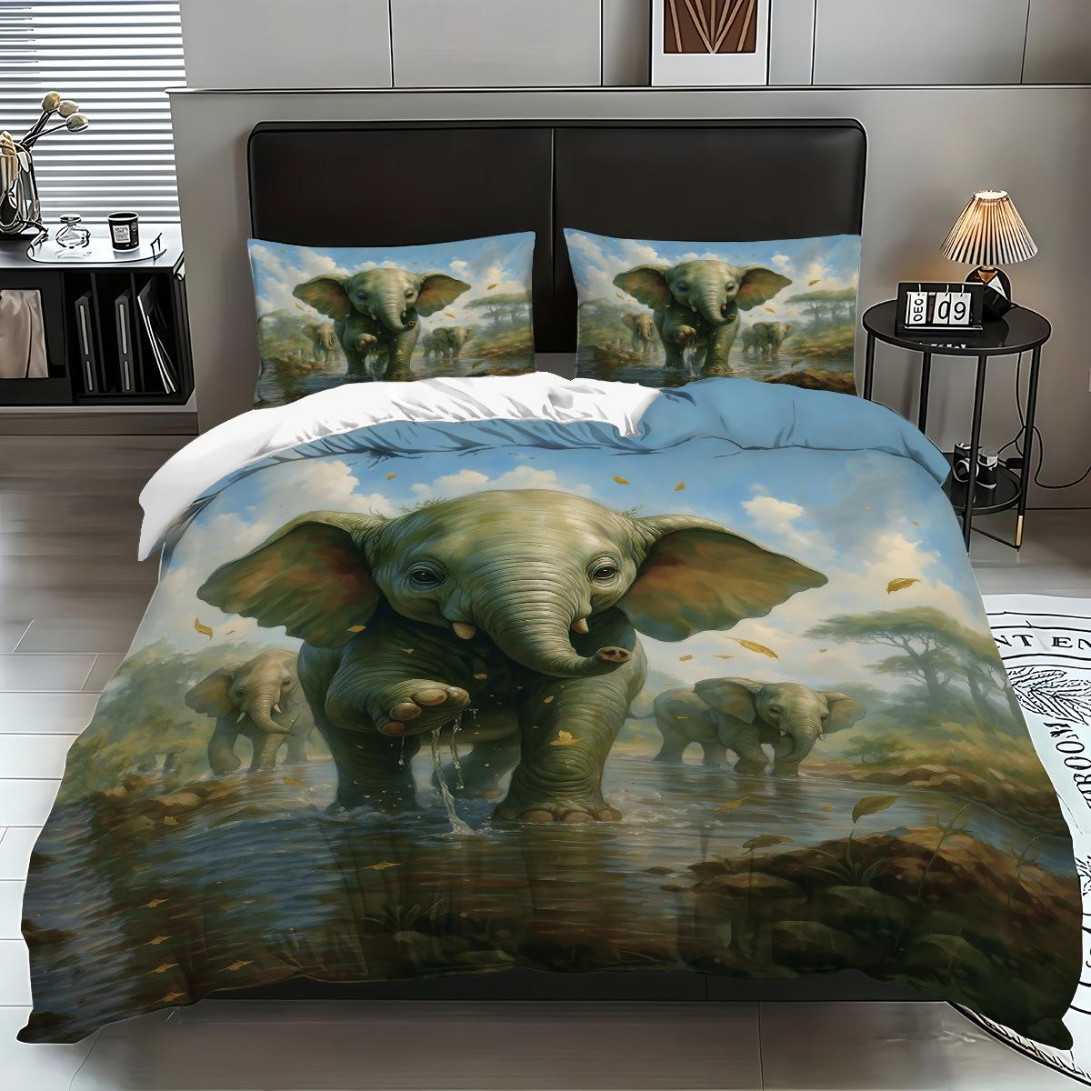 

Home Textile Three-Piece Elephant 3D Printed Quilt Cover Pillowcase 90G Abraded Cloth Bedding Distribution 135x200