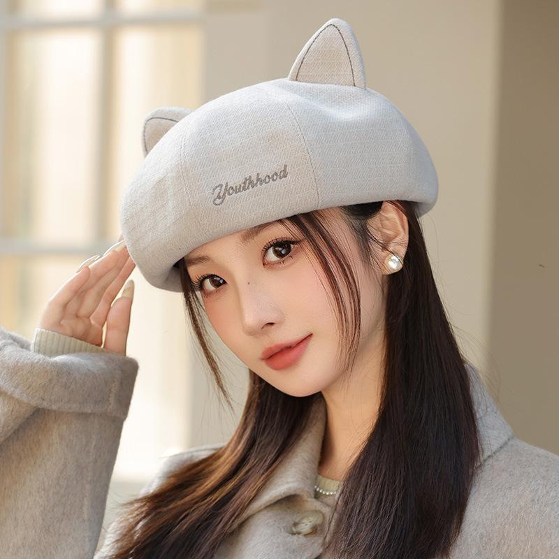 Korean Retro Cute Cat Ears Beret Spring and Autumn New Casual Versatile Painter Hat Windproof Warm Hat for Women