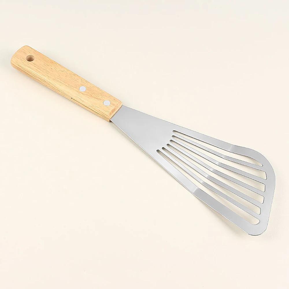 1 Stück Edelstahl Fischbratspatel mit Holzgriff Fächerförmiger Spatel Haushalt Hochtemperatur-Bratspatel