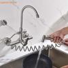 Alenartwater Stainless Steel Double Hole Wall Mounted Cold and Hot Faucet with Sprayer Balcony Rotating Kitchen Faucet