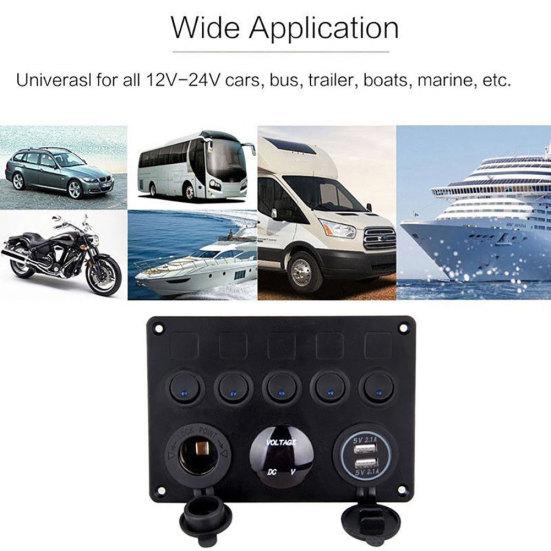 12V 5 Gang Car Boat Interior Control Switch Panel Voltage Display USB Charger