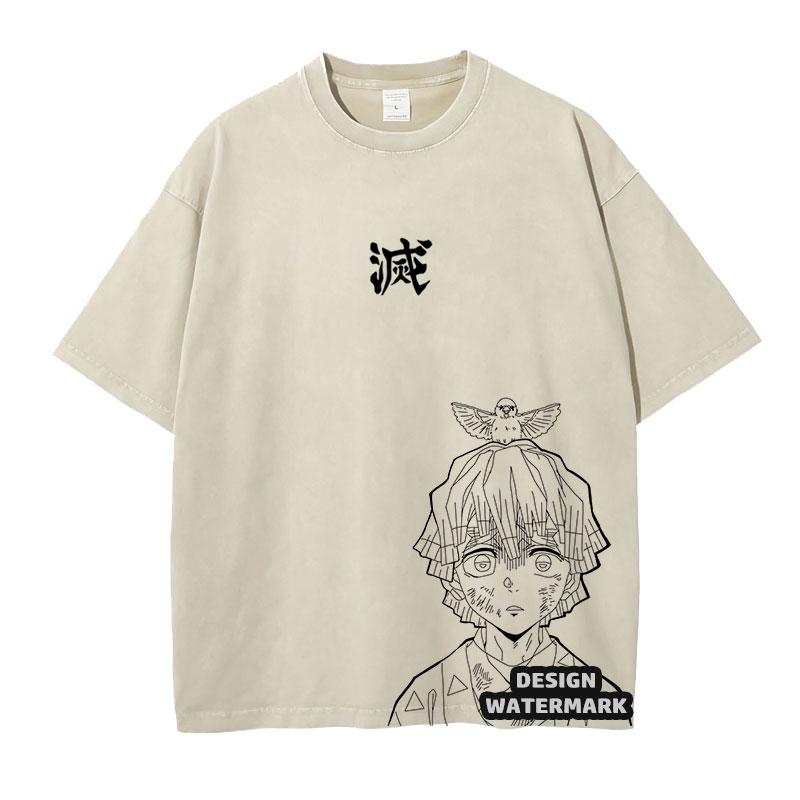 Anime Inosuke Tshirts Oversized Vintage Washed KKimetsu No Yaiba T Shirt Tanjirou Zenitsu Kyoujurou Tops Tees Man Cotton