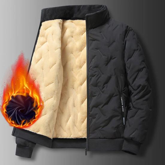 Men Jacket Lapel Long Sleeve Embossed Lines Zipper Pockets Elastic Hem Plush Lining Coat Solid Color Thickened Outwear