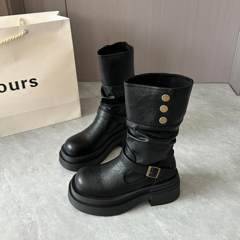 Brown retro British style thick heel platform boots women's 2025 new autumn and winter thin boots knight boots