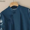 ZANZEA Women Casual Stand Collar Loose Print Splice 3/4 Sleeve Blouse