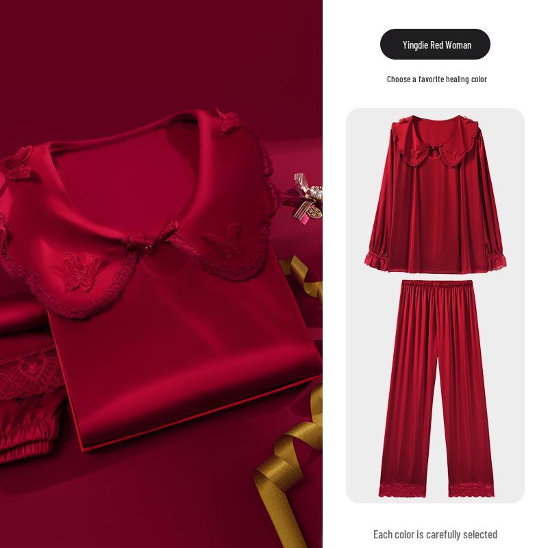 Benmingnian Women’s Red Silk Pajamas - Ruffled, Butterfly Design, Skin-Friendly, Comfortable Homewear XL