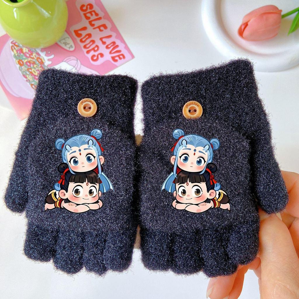 Nezha Ao Bing Winter Cartoon Fingerless Gloves: Thick, Windproof, Warm Knit for Girls
