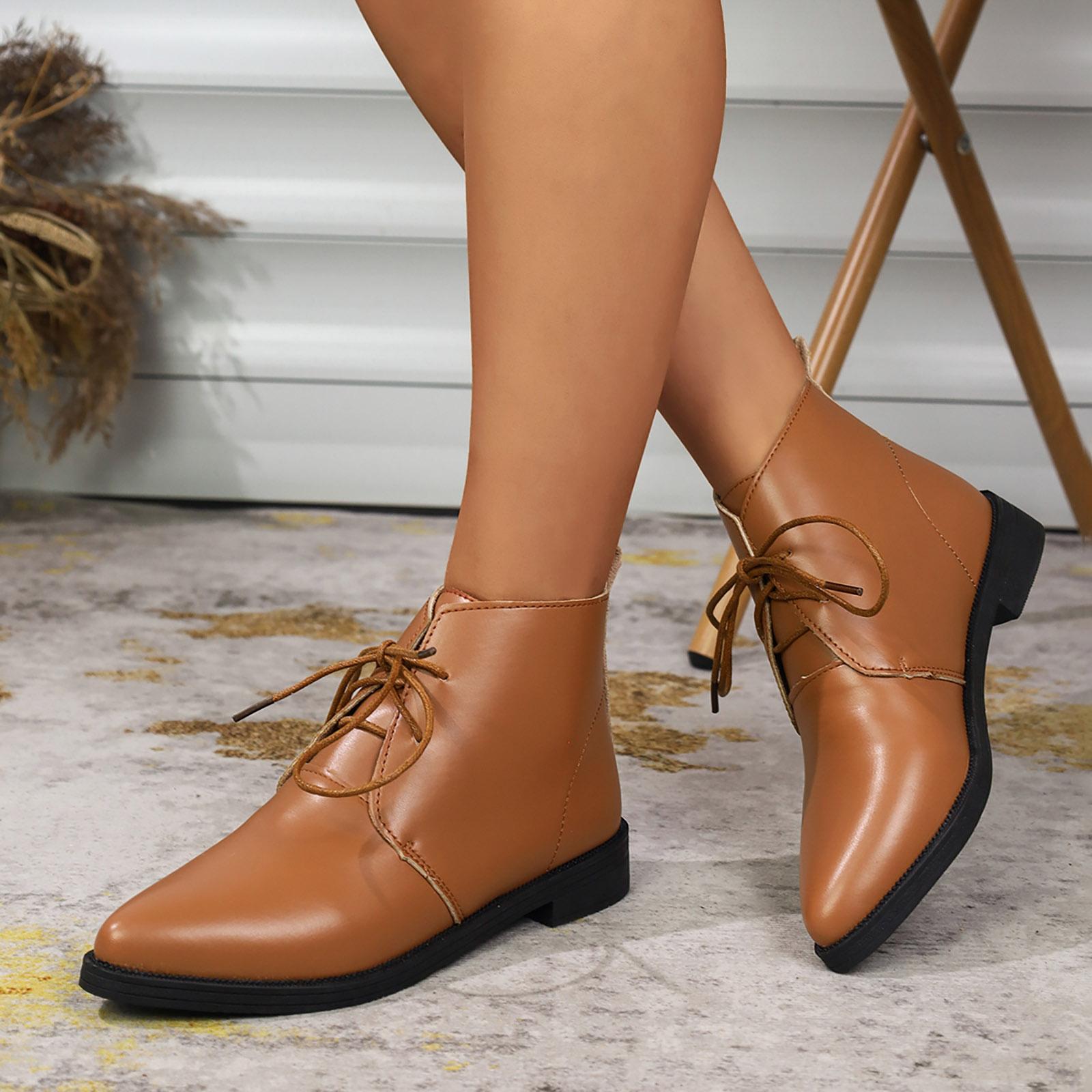 Women S Fashionable And Versatile Front Lace Short Tube Low Heeled Comfortable Fashion Ankle Boots Lace Up Boots For Women 36 коричневый