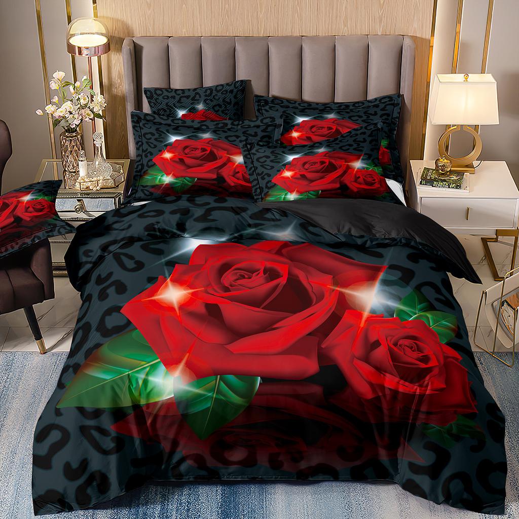 Three-Piece Rose Floral Style 3D Printed Quilt Cover Home Textile Bedding Kit
