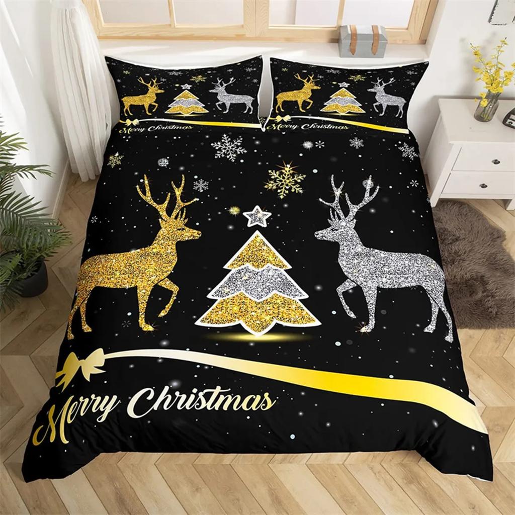 Merry Christmas Duvet Cover Happy New Year Microfiber Xmas Deer Elk Bedroom Decoration for Boys Girls Golden Bow Holiday Gifts