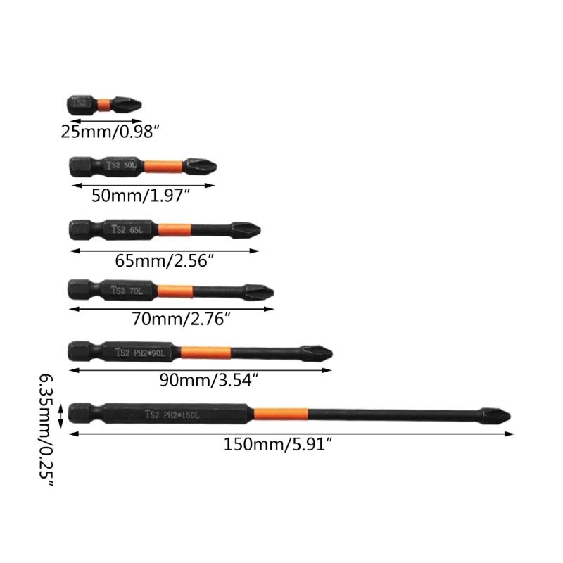 6Pcs Magnetic Screwdriver Bit Set Cross Antislip 1/4inch Power Driver Bit for Impact Driver 25/50/65/70/90/150mm