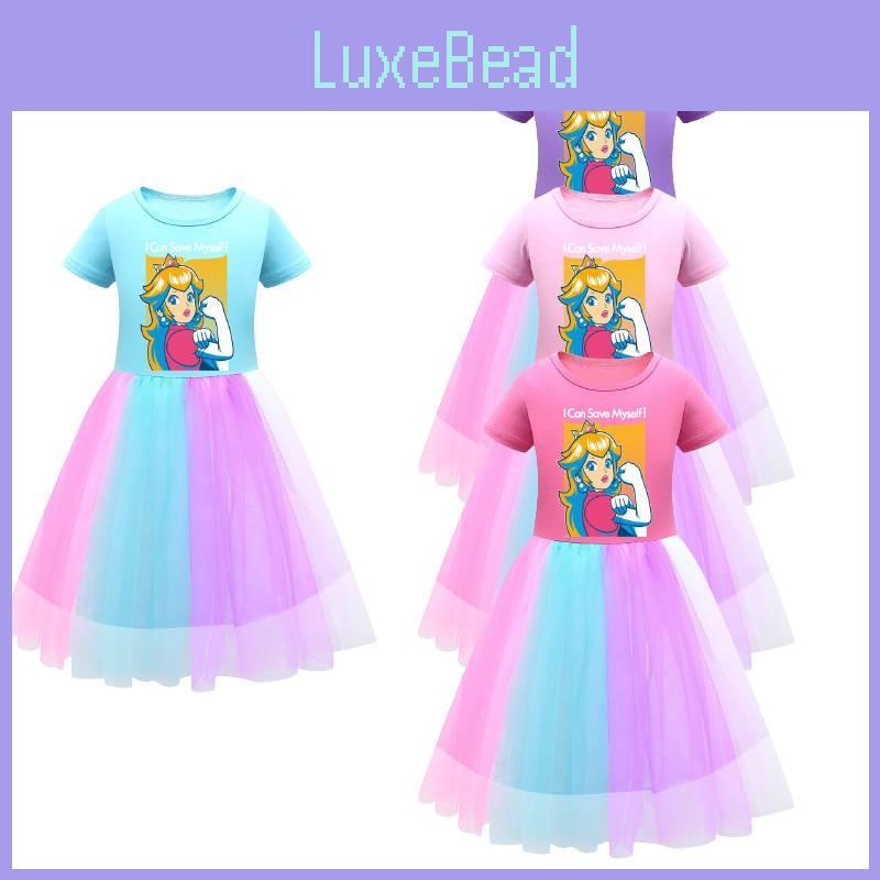 Sukienka dla dziewczynki Super Mario Princess Peach z tęczową koronką w kolorze fioletowym, czerwonym i różowym