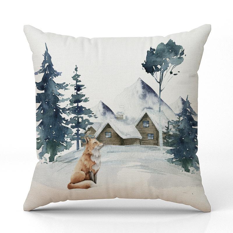 New Fox Deer Christmas Pillowcase Linen Printed Pillowcase Festive Room Sofa Decoration Cushion Cover