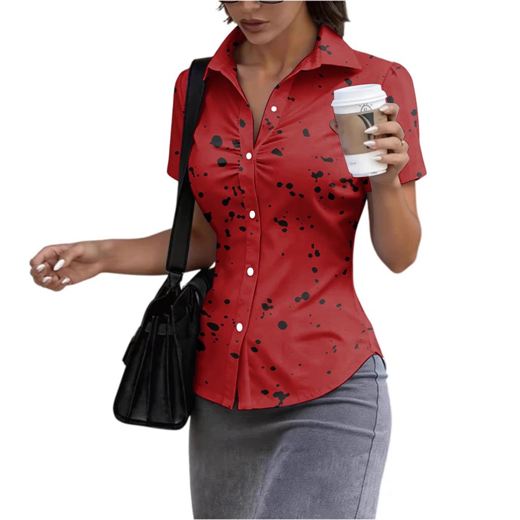 Damen Slim Fit Kurzarm Hemd mit Knöpfen und Kragen Sommerlich Lässig Büro Bluse Taillierter Schnitt Leichter Stoff