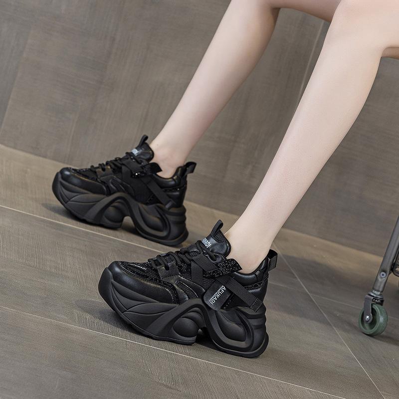2025 summer new platform dad shoes women's rhinestone lace-up mesh shoes versatile heel high casual height increase and thin women's shoes