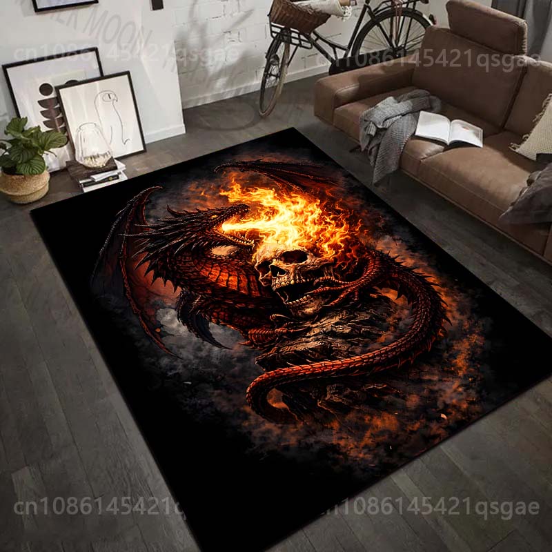 Mehrere Größen Flammender Totenkopf und Drache Teppich für Wohnzimmer Schlafzimmer Sofa Heimdekoration Rus Rutschfeste Fußmatte Luxuriöses Geschenk