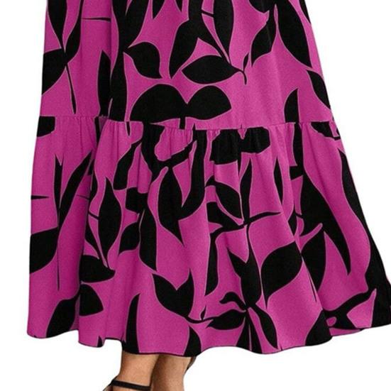 Women Summer Dress Round Neck Short Sleeve Printing Splicing Design Midi Dress Flowy Hem Beach Party Dress