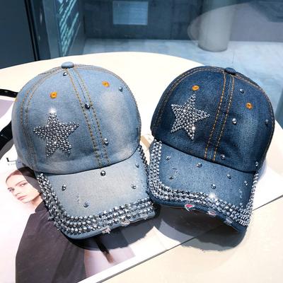 Dámská baseballová čepice s kamínky a hvězdou Módní džínová nastavitelná kšiltovka pro dívku Kovbojská ležérní snapback kšiltovka