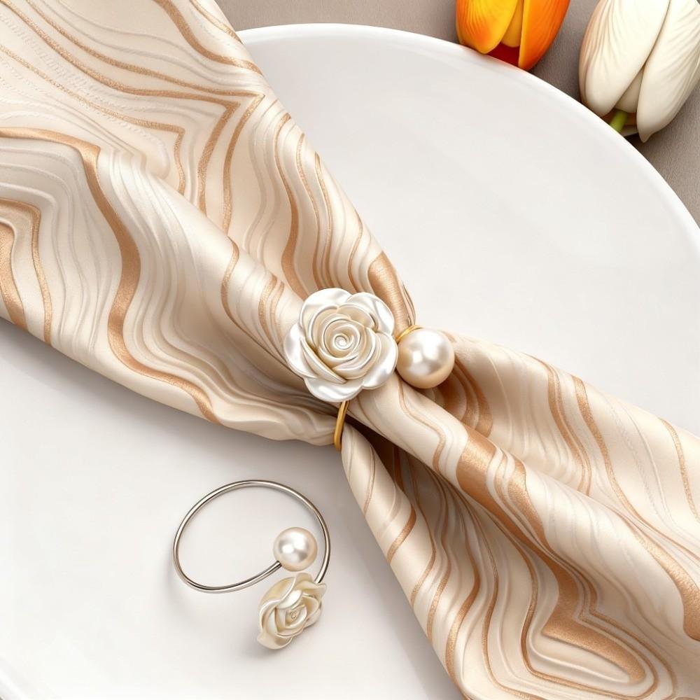 6PCS Elegant Pearl Napkin Ring Luxury Napkin Holder Decorative Rose Napkin Buckles Festival Dining