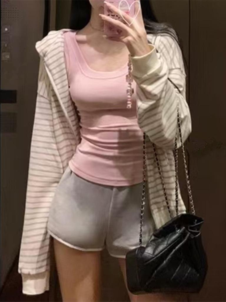 Women's Hong Kong Style Striped Hooded Sweatshirt - Lightweight Casual Zipper Cardigan for Spring/Autumn