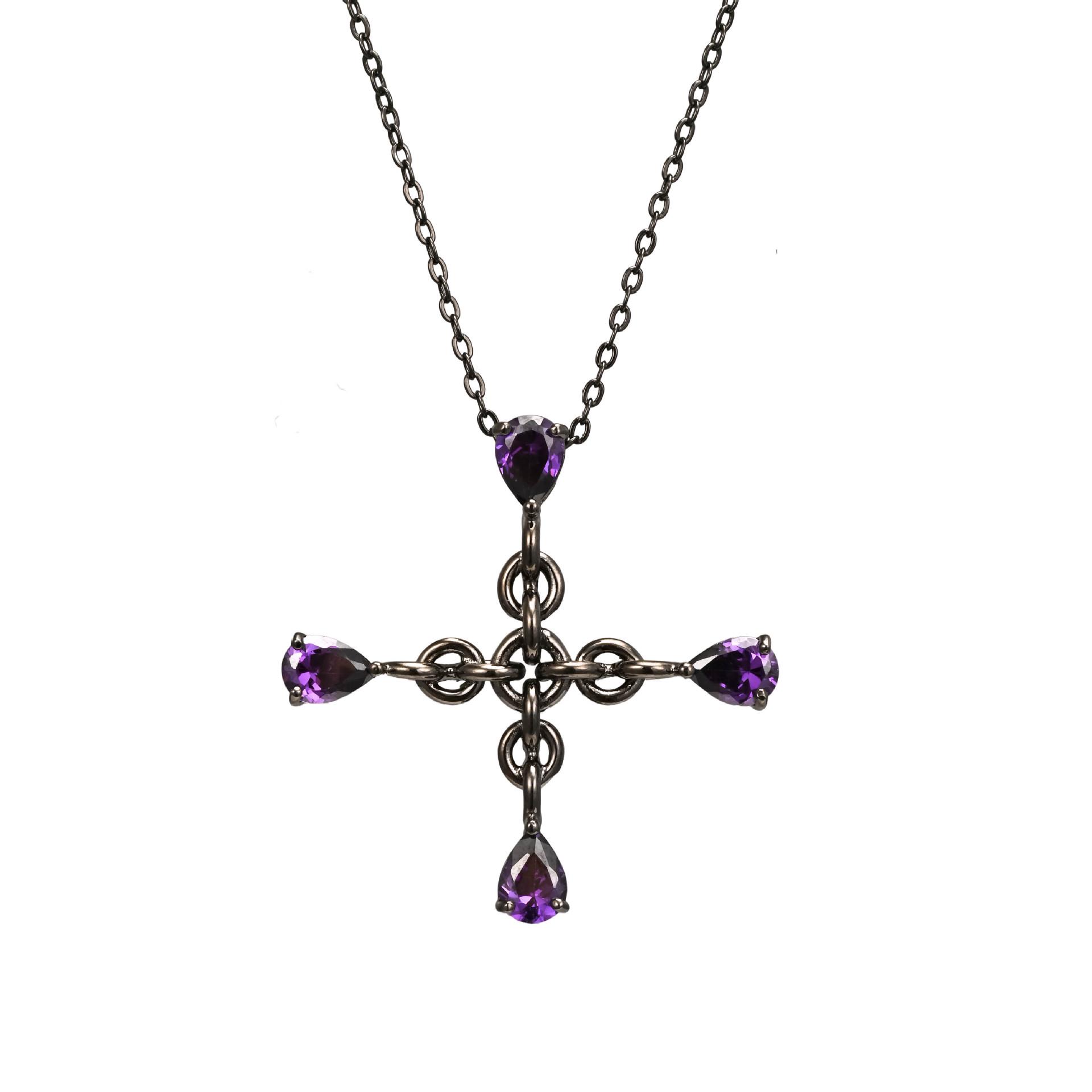 Gothic Purple Zircon Water Drop Cross Pendant Necklace - Vintage Dark Style Collarbone Chain