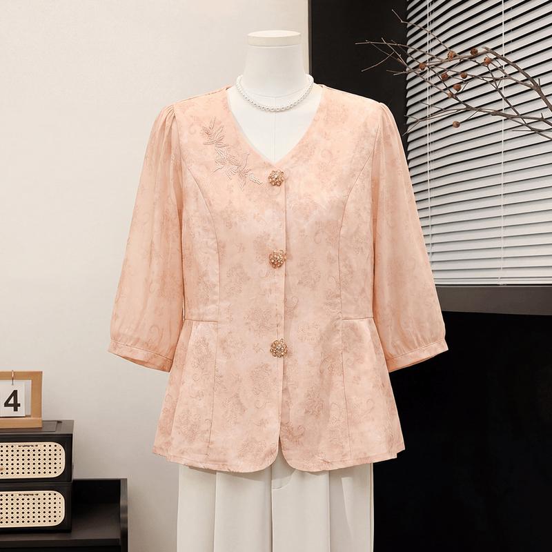 Datang Furen Women's New Chinese Style V-Neck Embroidered Blouse