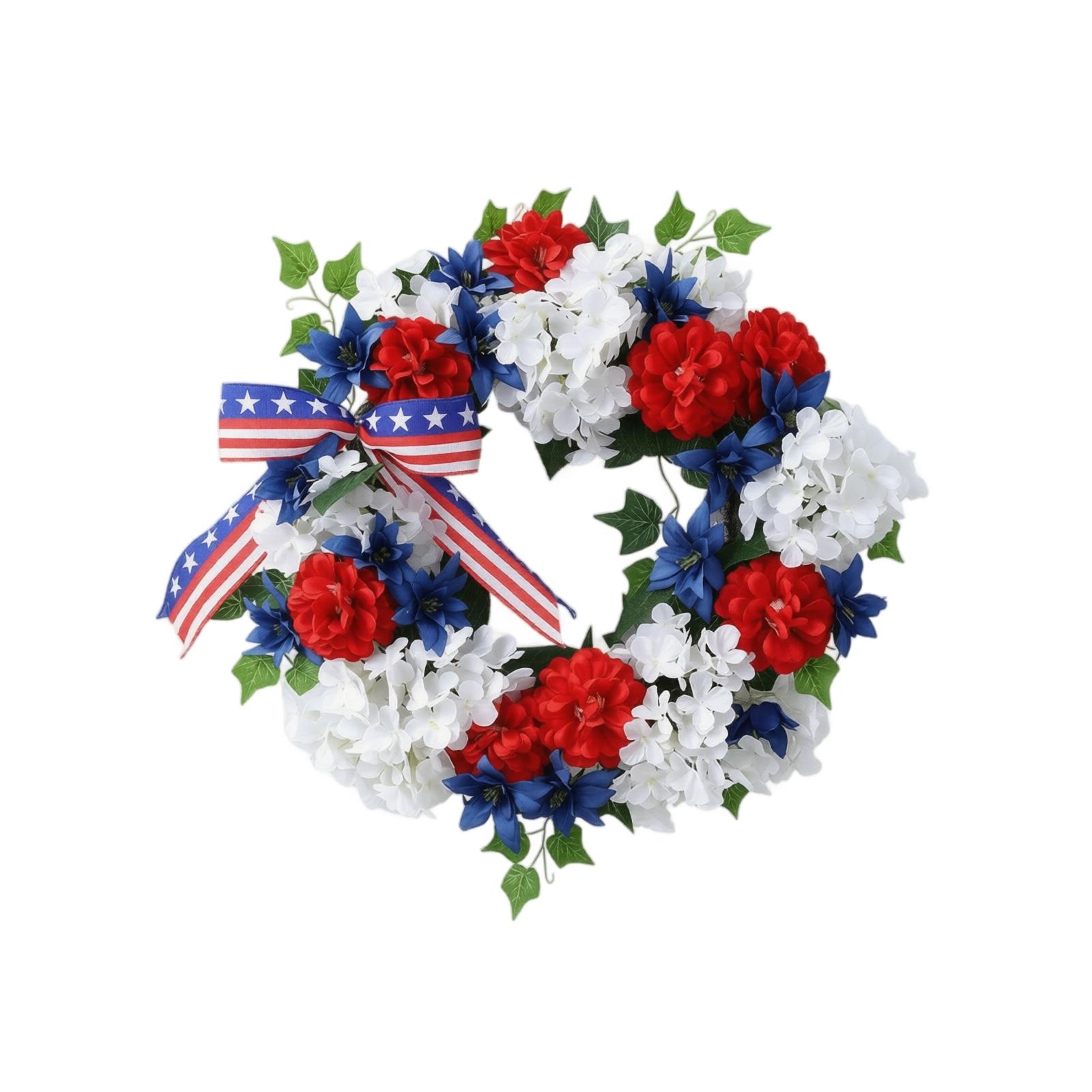 

Patriotic Artificial Flower Wreath with Decorative Ribbon for Outdoor Indoor Use Independence Day Celebration Home Door Wall Hanging Decoration One Size