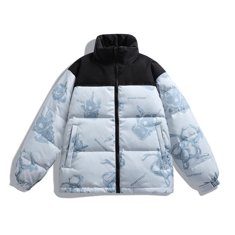 Men's Versatile Winter Down Jacket with Little Monster Print & Stand Collar