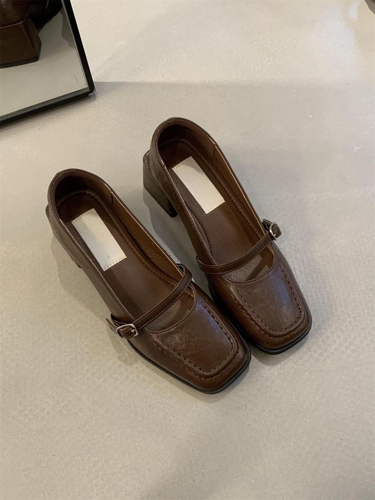 Retro Square Head High Heels, Shallow Mouth Single Shoes, Women's Spring and Autumn New French Temperament, Evening Breeze Thick Heel Leather Shoes