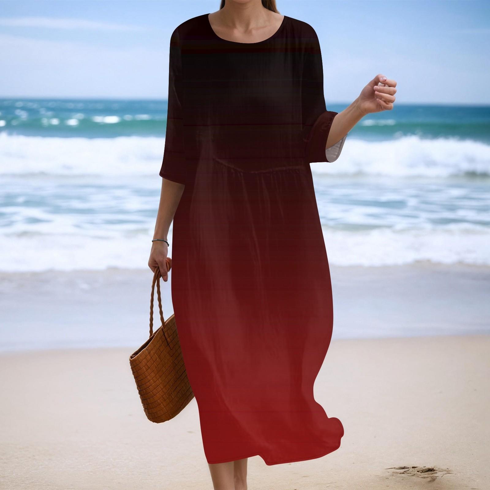 

Женское модное платье свободного кроя с принтом, круглым вырезом и рукавом три четверти XXL винный