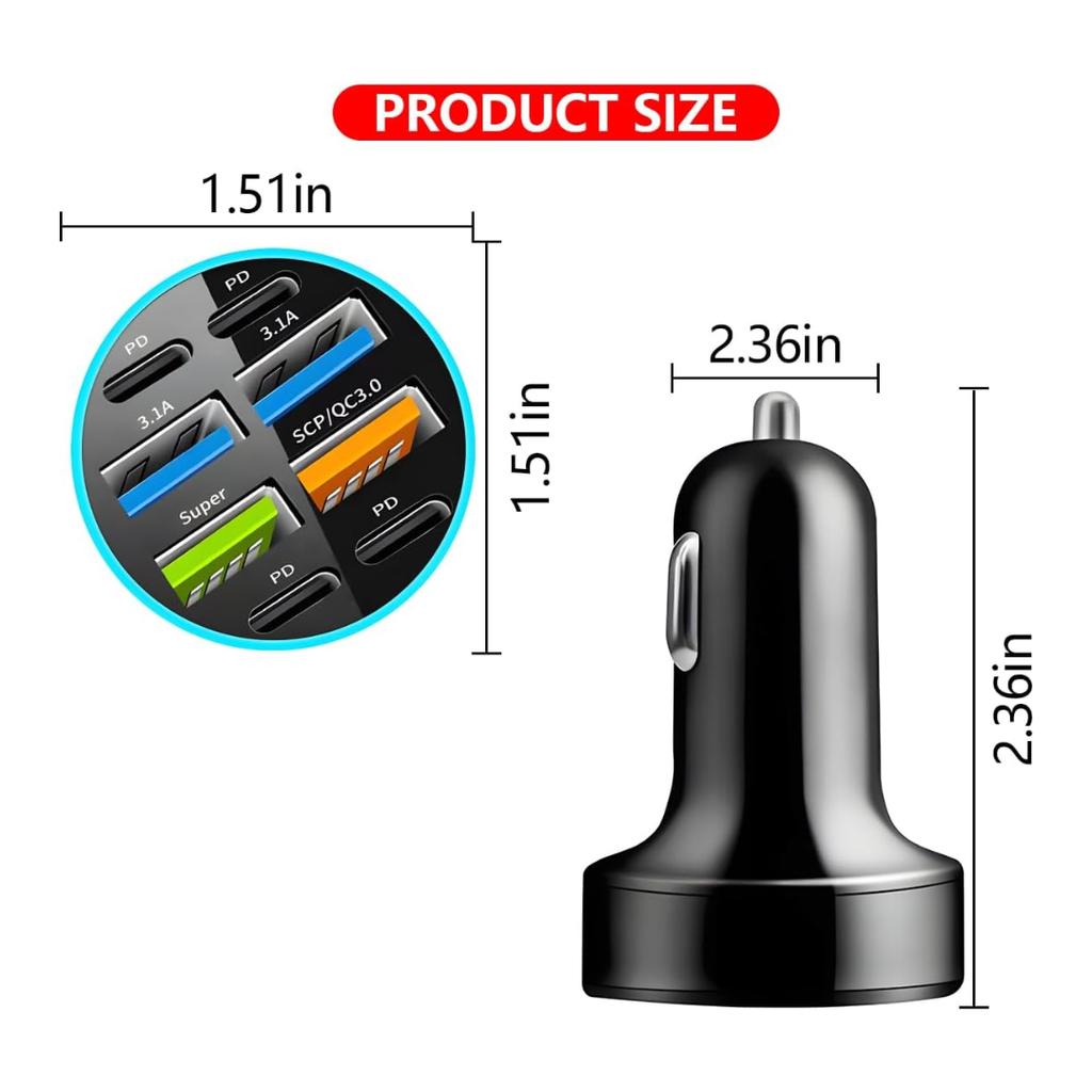 8-Port 66W Car Charger 12-24V with PD & QC 3.0, LED Voltmeter, Universal for Smartphones, Cigarette Lighter Plug, Auto Accessories
