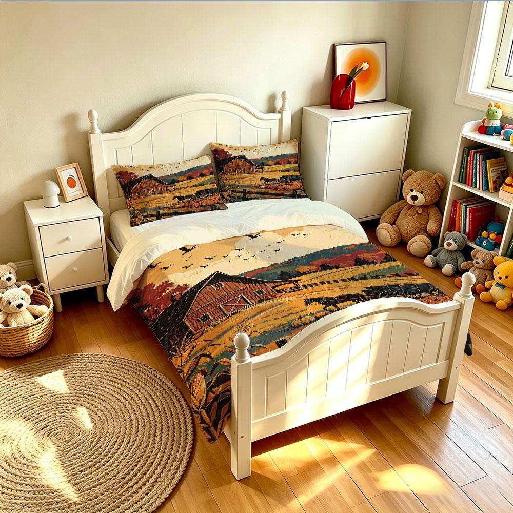 Fall Duvet Cover Set 3Pcs Autumn Farm Pumpkin Barn Horse Sunset Print Soft Microfiber Bedding with Pillowcases