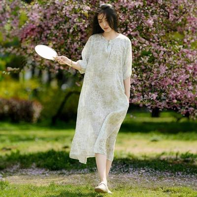 Women Vintage Print Floral Summer Dresses O-Neck Half Sleeve Robes Soft Chinese Style Button Dress