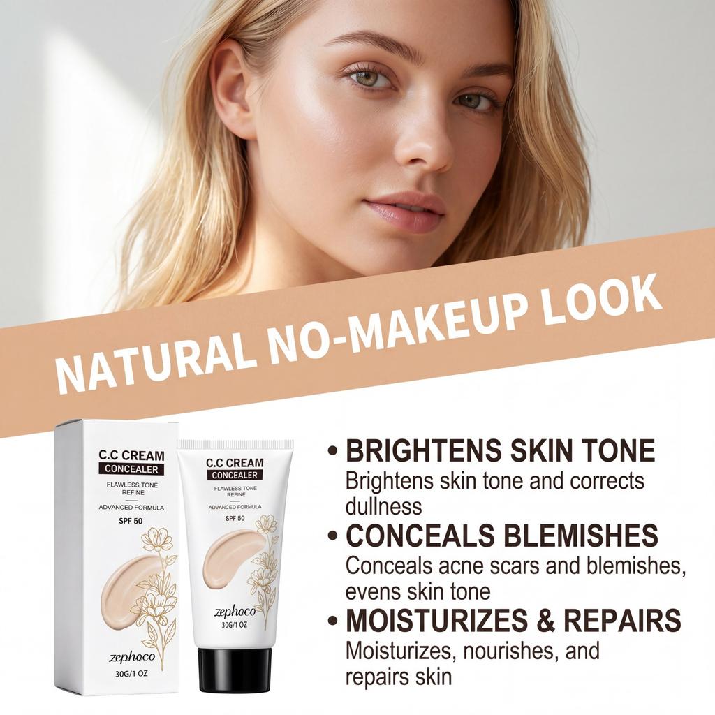 Zephoco Multi-Effekt CC Cream Natürlicher Farbton Feuchtigkeitsspendender Concealer Leichter Täglicher Schutz 50ml
