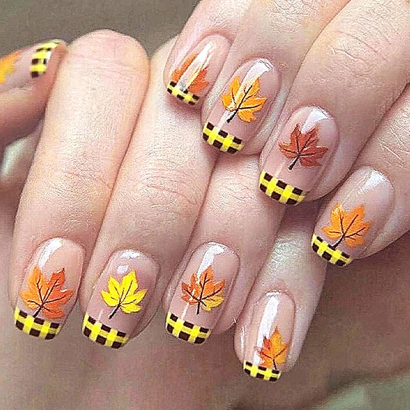 Maple Leaf Press on Nails Fall Leaves Stick on Fingernails Thanksgiving Short Square False Nails 24Pcs Glossy Silver Glitter Acrylic Fake Nail Autumn