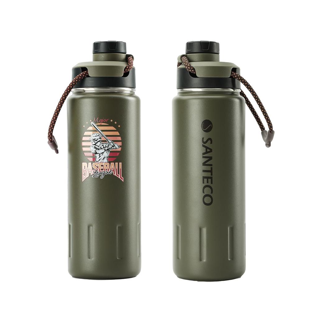 SANTECO Wasserflasche 710ml Baseballmuster Sport Vakuum Edelstahlflasche mit Direktem Einfach zu Entwickelt für Sport Reiseflasche, Isoliert,