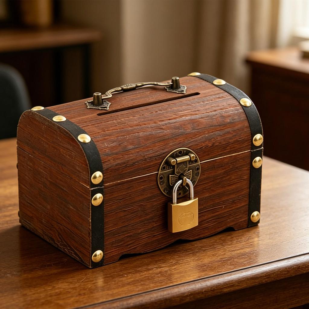 Wooden Piggy Bank Vintage Treasure Chest Shaped Money Saving Bank for Home Decor Party Display 14x10x10cm with Lock