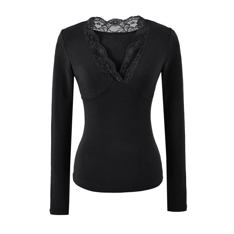Korean Style Lace Trim V-Neck Slim-Fit Fleece Long Sleeve Women's Top