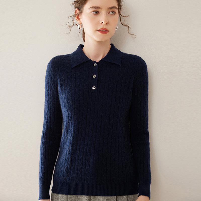 Women's Cashmere Cable Knit Polo Collar Pullover - Long Sleeve, Warm, Fashionable, Versatile Autumn/Winter Base Layer Top.