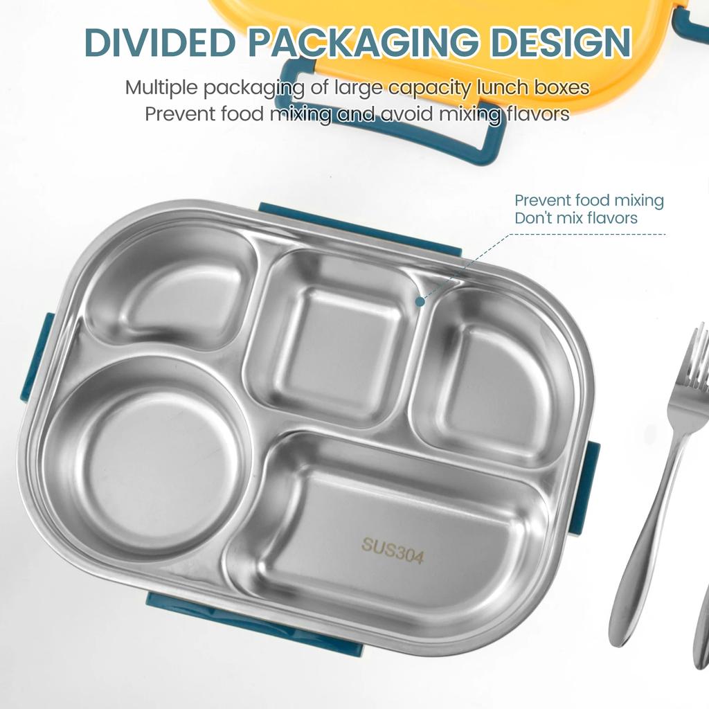 Food Container with Soup Bowl Spoon and Fork Large Capacity Food Storage Box with 5 Compartments 304 Stainless Steel Food Box