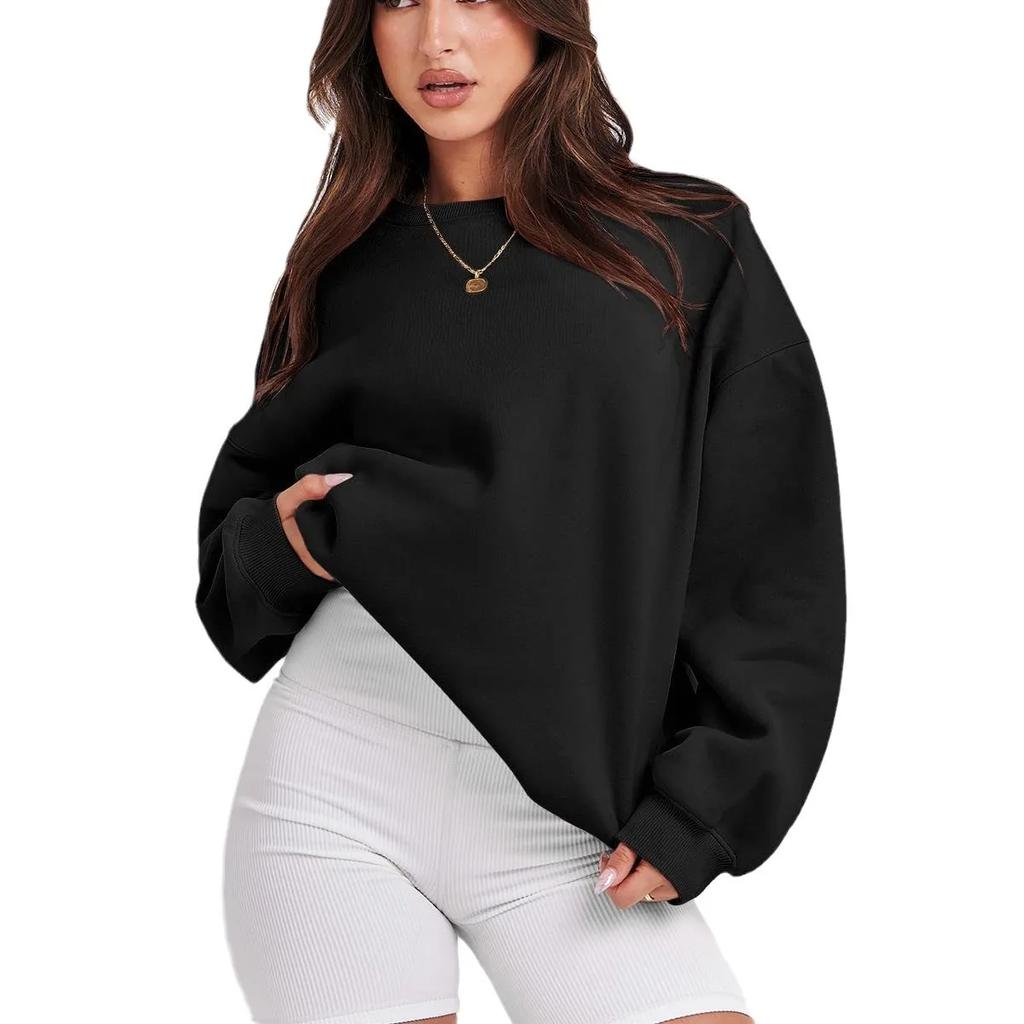 Women's Loose-Fit Sweatshirt Crew Neck Fleece-Lined Long Sleeve Top Solid Color Round Neck For Autumn Winter 2025