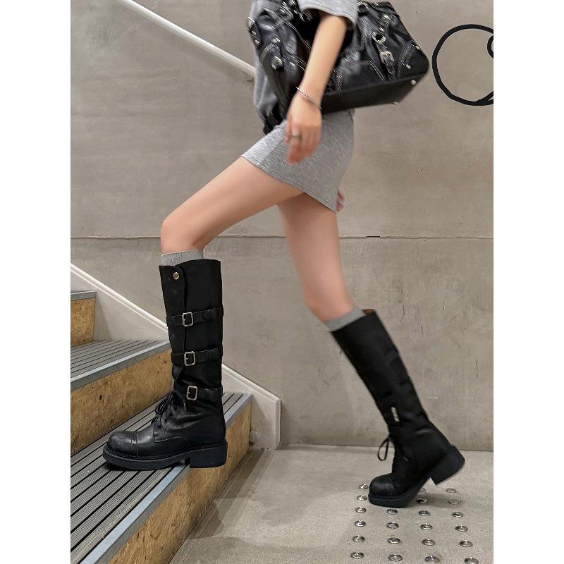 Cowhide Version Straps Medium and High Knight Boots Women's Boots Brown Boots Leather Thin Martin Boots Retro Locomotive Boots