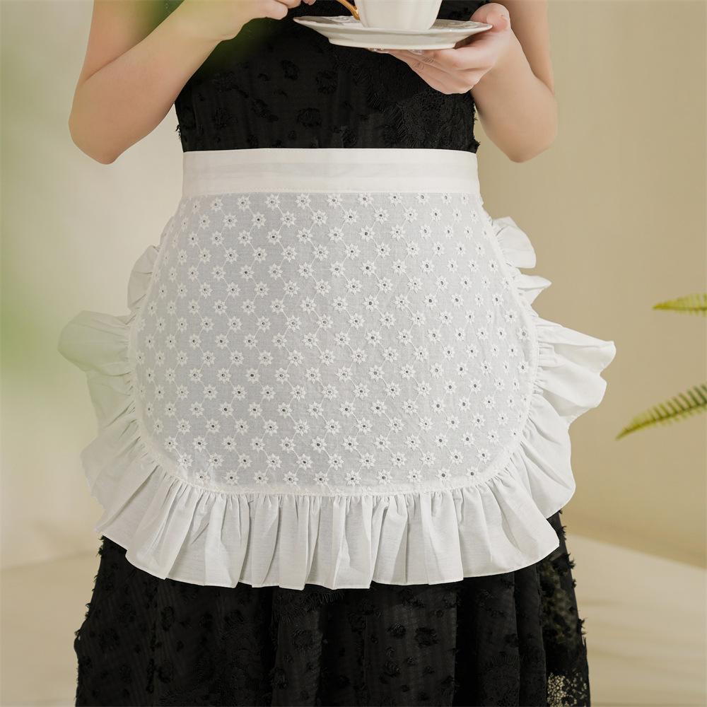 Half-waist women s outdoor picnic camping cotton small daisy embroidered white half-length apron