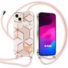 Case - Shockproof - iPhone 15 Plus - Pink Marble Pattern - Adjustable Cord - Anti-Fingerprint Protection